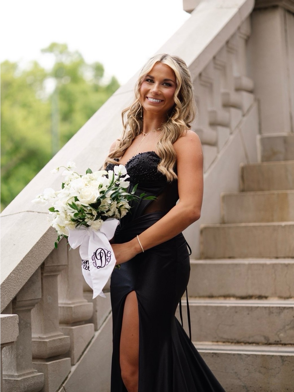 ellie wilde Black Beaded Prom Gown with High Slit